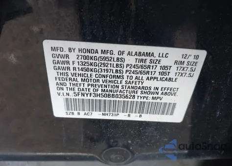 2011 Honda Pilot Ex-L z USA, uszkodzony, nr VIN 5FNYF3H50BB035628